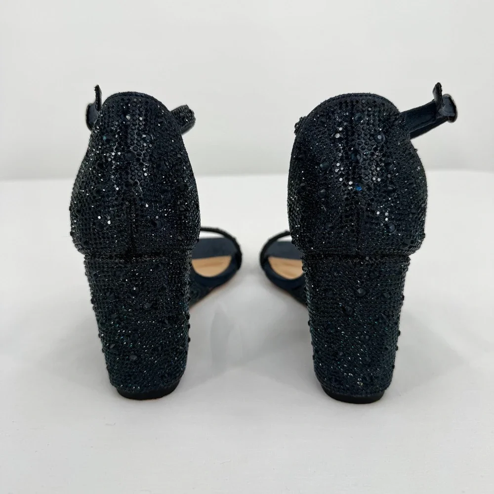 Black Beaded Ankle-Strap Wedge Sandals